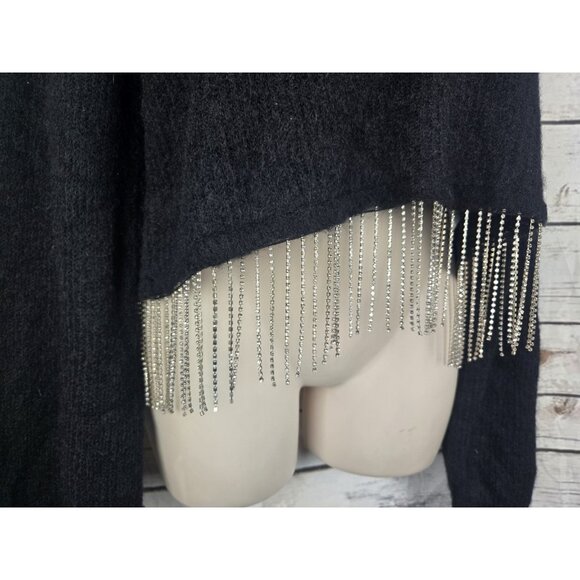 House of Harlow Black Bling Fringe Sweater Tunic Top L Wool Mohair Blend - Picture 7 of 9